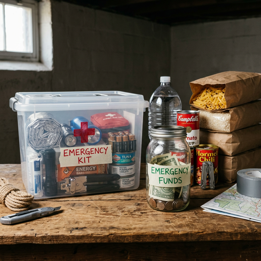 Emergency kit, food, water, tools, map, and emergency funds on a wooden table