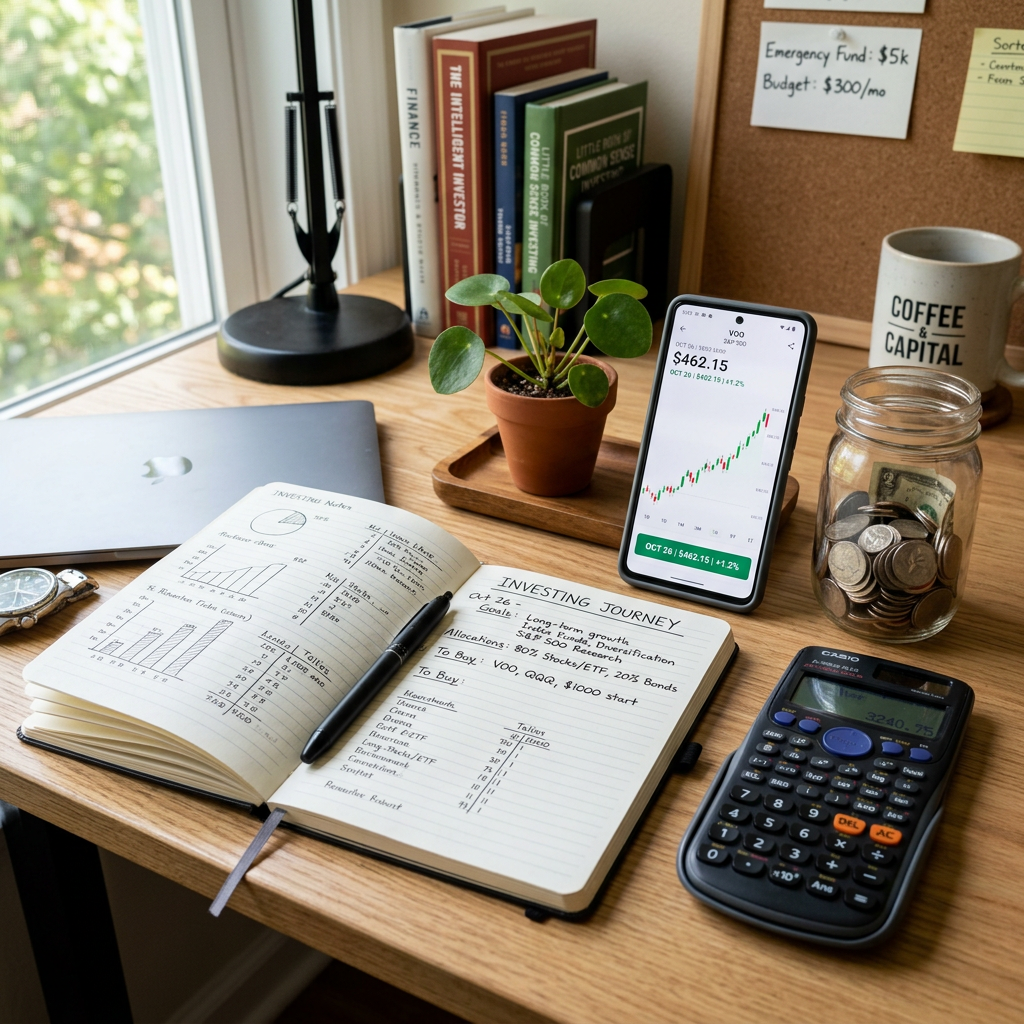 Desk with investing journal, stock chart, calculator, cash jar, and finance books